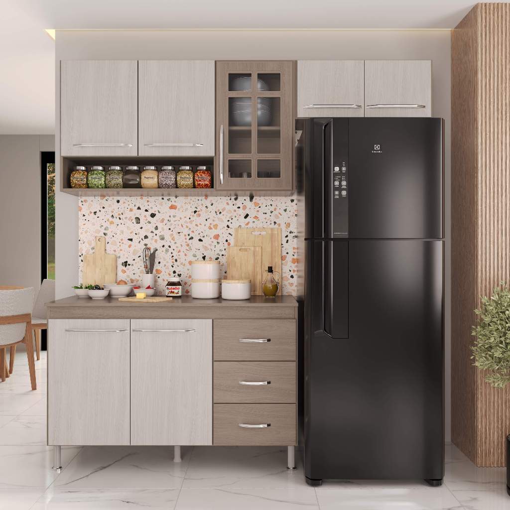 Armário de Cozinha Modulada Compacta Fidelitá Paris 3 Peças 190cm 7 Portas 3 Gavetas Com Tampo Nogal/Salinas em Oferta na Shopee