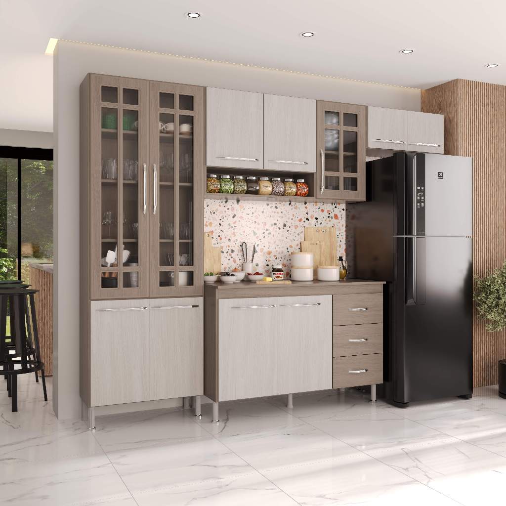Armário de Cozinha Modulada Compacta Fidelitá Paris 4 Peças 260cm 11 Portas 3 Gavetas Com Tampo Nogal/Salinas