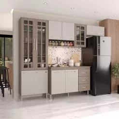Armário de Cozinha Modulada Compacta Fidelitá Paris 4 Peças 260cm 11 Portas 3 Gavetas Com Tampo Nogal/Salinas