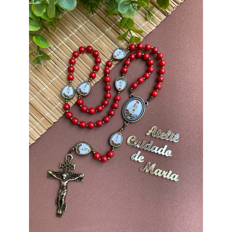 Terço Católico Imaculado Coração de Maria - Terço Personalizado - Vermelho Rosário Fé Oração Nossa Senhora