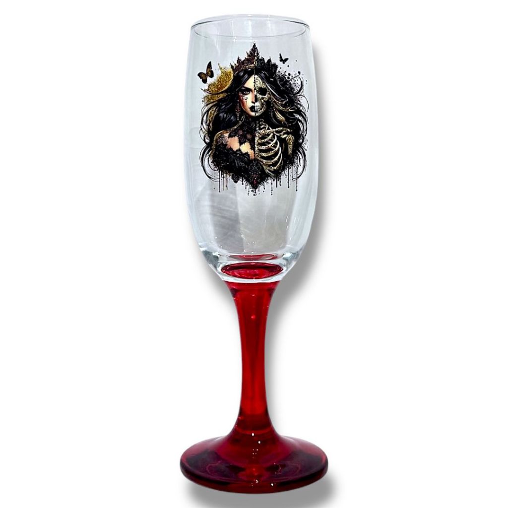 Taça Pomba Gira Rosa Caveira Altar 20cm Vidro 180ml Vermelha Preto Metade mulher metade caveira