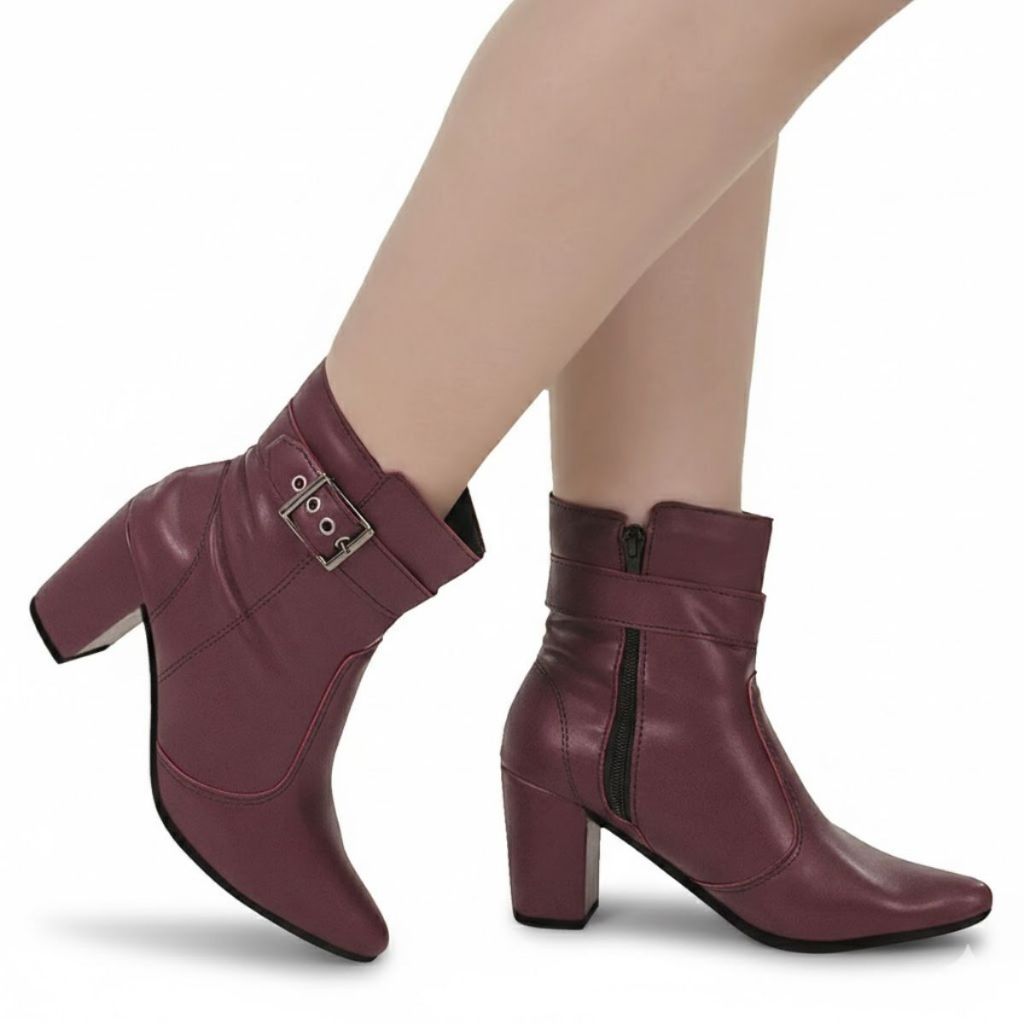 Bota Feminina com Acessório Fivela Cano Curto com Zíper Lateral Bico Fino Salto 205 em Oferta na Shopee