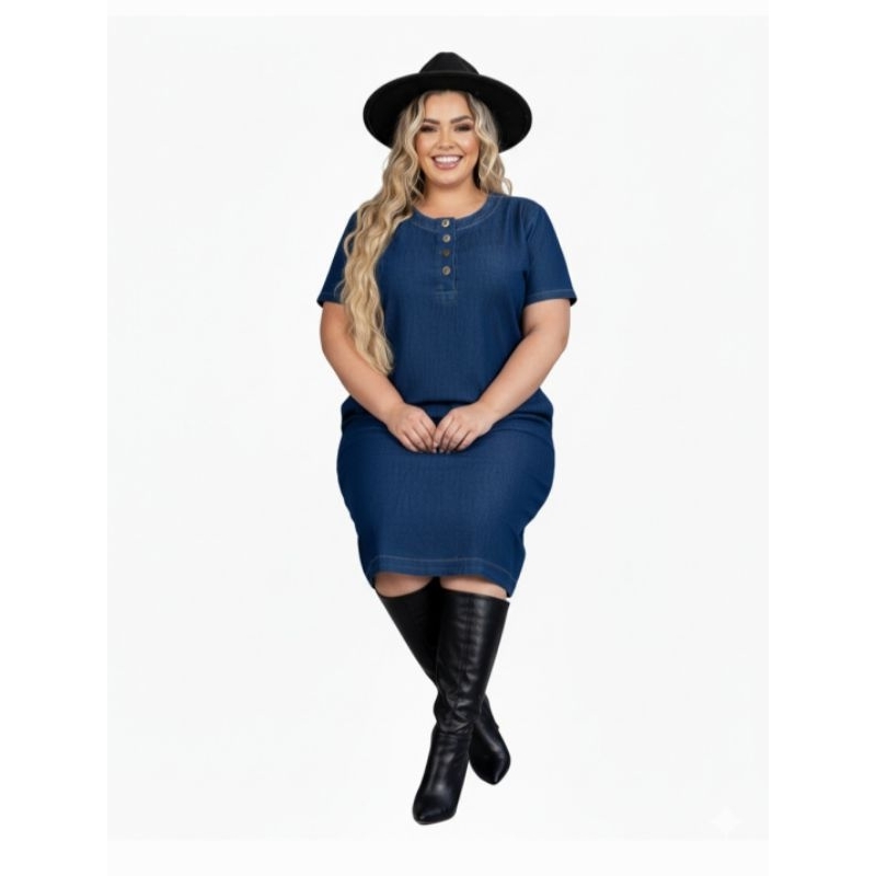 Vestido Plus Size Jeans Feminino Blusa Manga Curta Chemise Longa Plus Size Saia Midi Evangélica