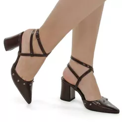 Sapato Social Feminino Scarpin Bico Fino Salto Bloco Confortável Cravo Fivela 3045