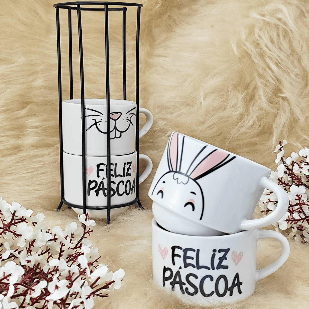 Kit 4 Xícaras Porcelana 210ml  Páscoa com variação cor + Suporte em Oferta na Shopee