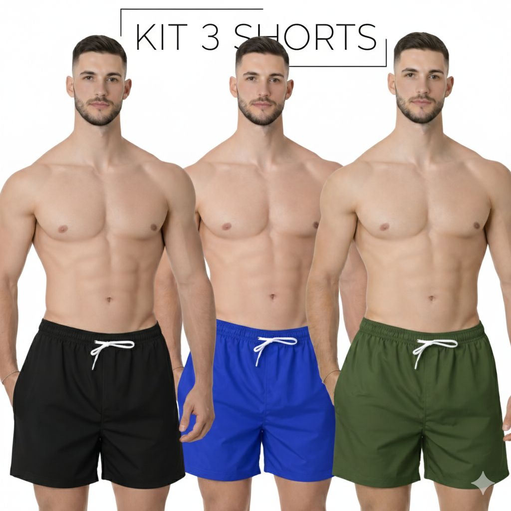 3 Bermudas Tactel Com Cadarço E Elastano Liso Basico Confortavel Otimo Em Esportes Piscina Ou Praia
