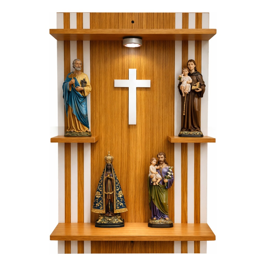Oratório Ripado em MDF Freijó Com Luminária Cantinho da Oração em Oferta na Shopee
