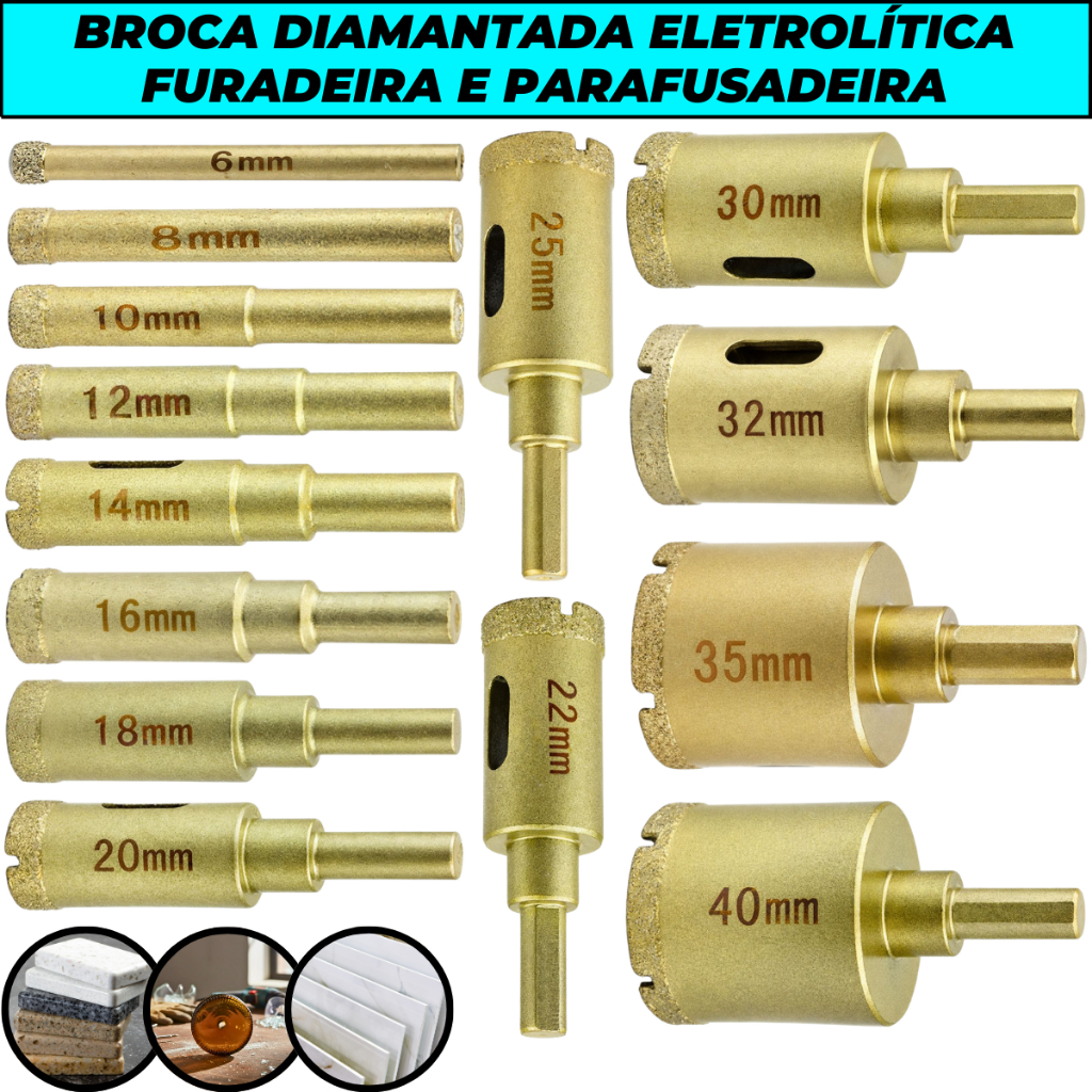 Broca Diamantada Eletrolítica Para Furadeira 6mm 8mm 10mm 20mm 25mm 32mm 35mm 40mm 50mm 60mm 65mm em Oferta na Shopee