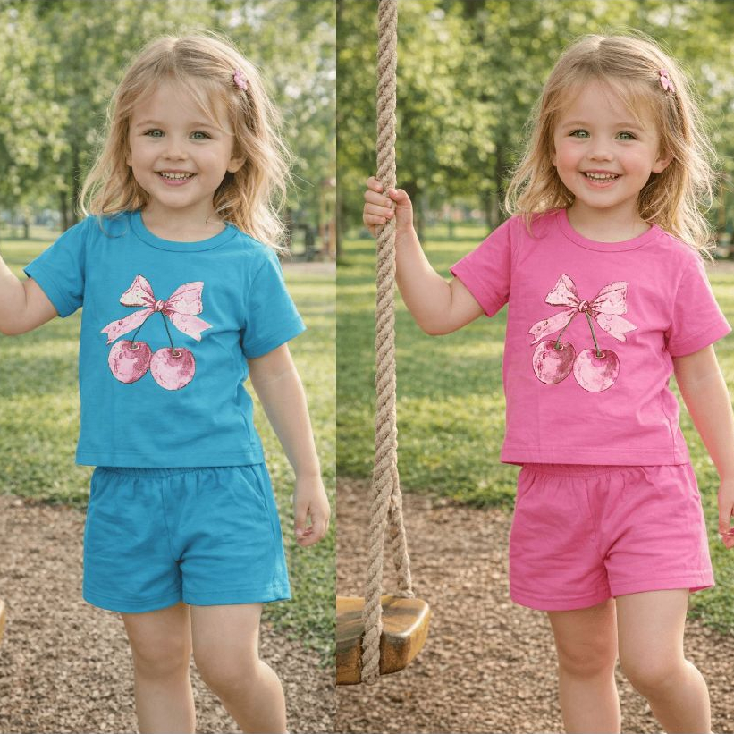 Conjunto Infantil Menina Curto Algodão Confortável Estampa Cerejinhas Verão Pijama ou Passeio TAM 4 AO 10