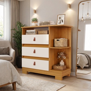 Cômoda 3 Gavetas Organizador com Nicho Moderna Amadeirada Multiuso com Puxador de Couro multiuso em Oferta na Shopee