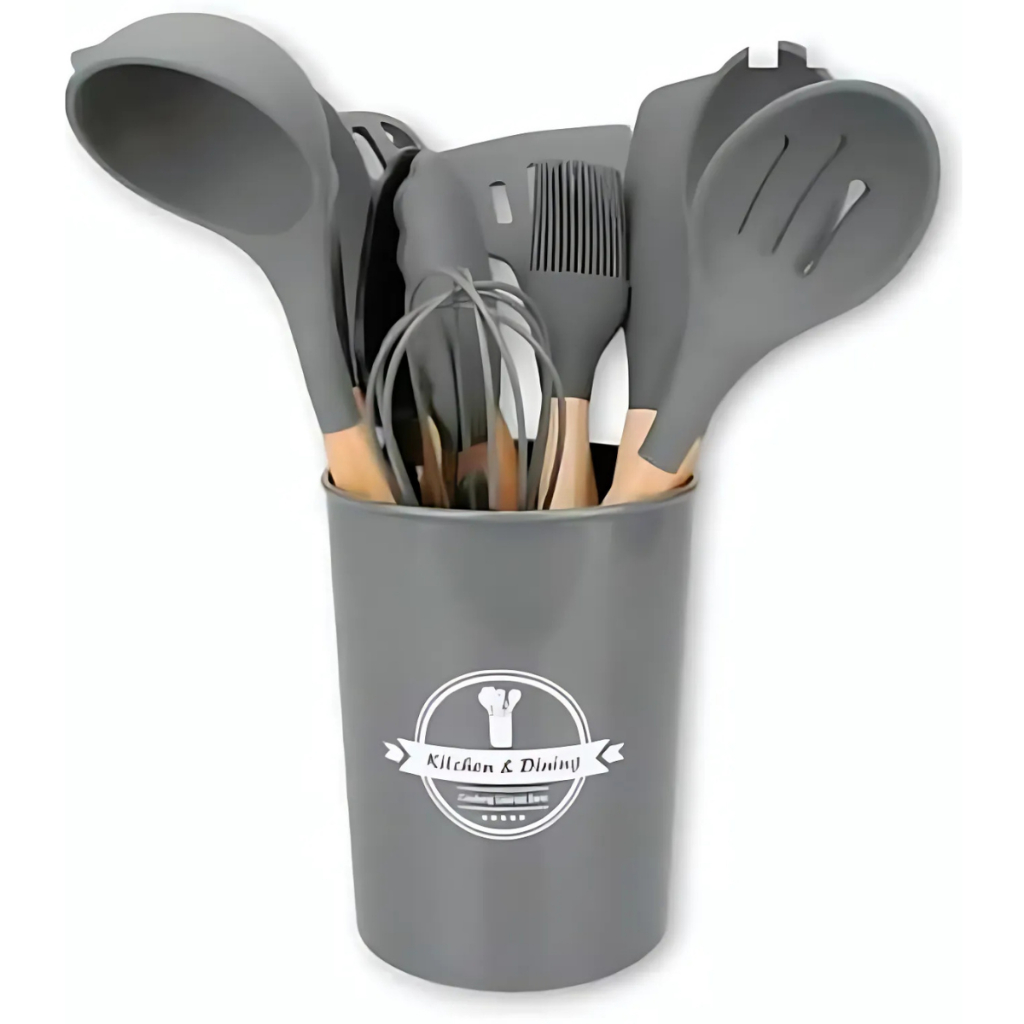 Kit Completo 12 Utensílios de Cozinha em Silicone Cinza Cabo de Madeira Resistente ao Calor e Balde Organizador