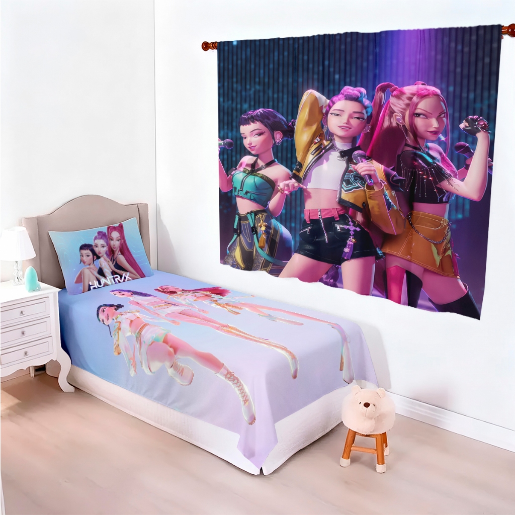 Kit Cobre Leito Infantil Huuntrix + Fronha + Cortina Tema Girl Band Pop Completo Lançamento Promoção