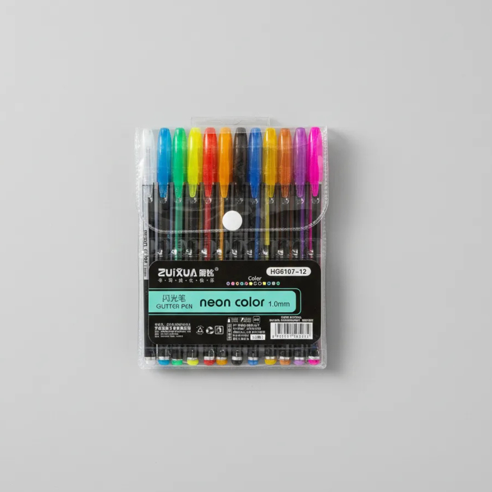 Caneta Gel Colorida Glitter Neon Metal Pen Ponta 1.0mm 12 Unidades Tons Canetas Marca Texto Color