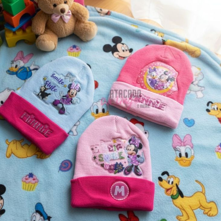 Kit 2 Touca Gorro Forrada Moda Infantil Menina Princesa Minnie Quentinha Para Inverno