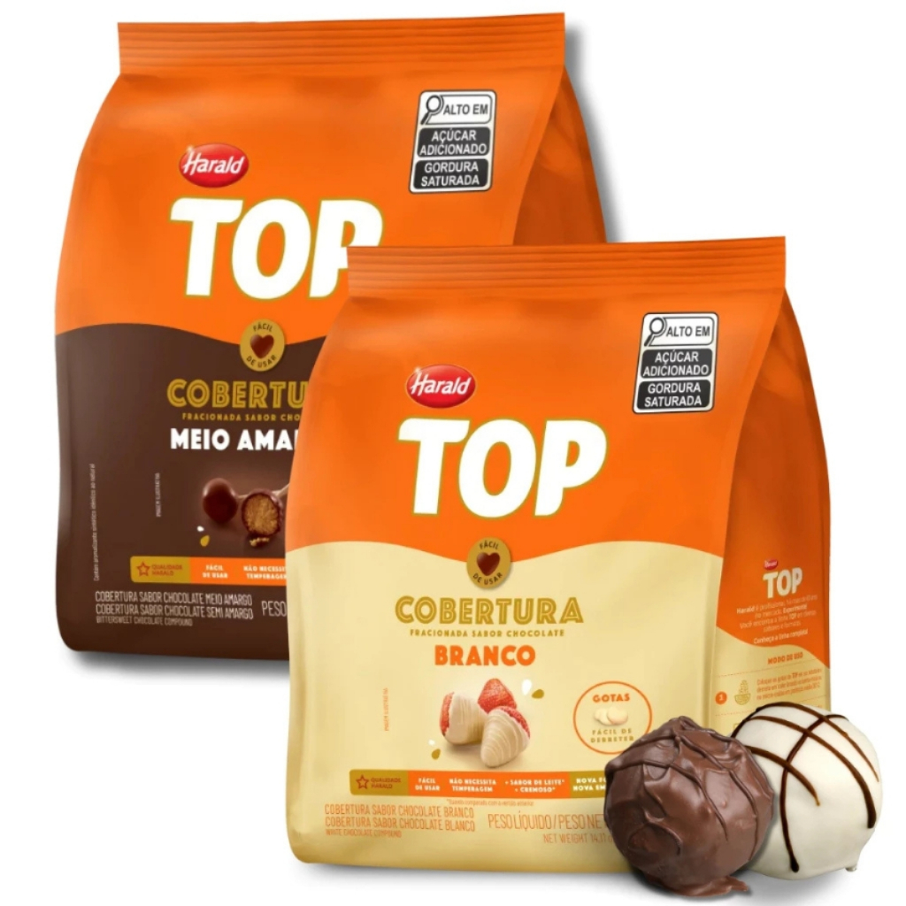 Kit Cobertura Fracionada Harald Top Gotas Meio Amargo + Branco 400g Cada Páscoa Confeitaria