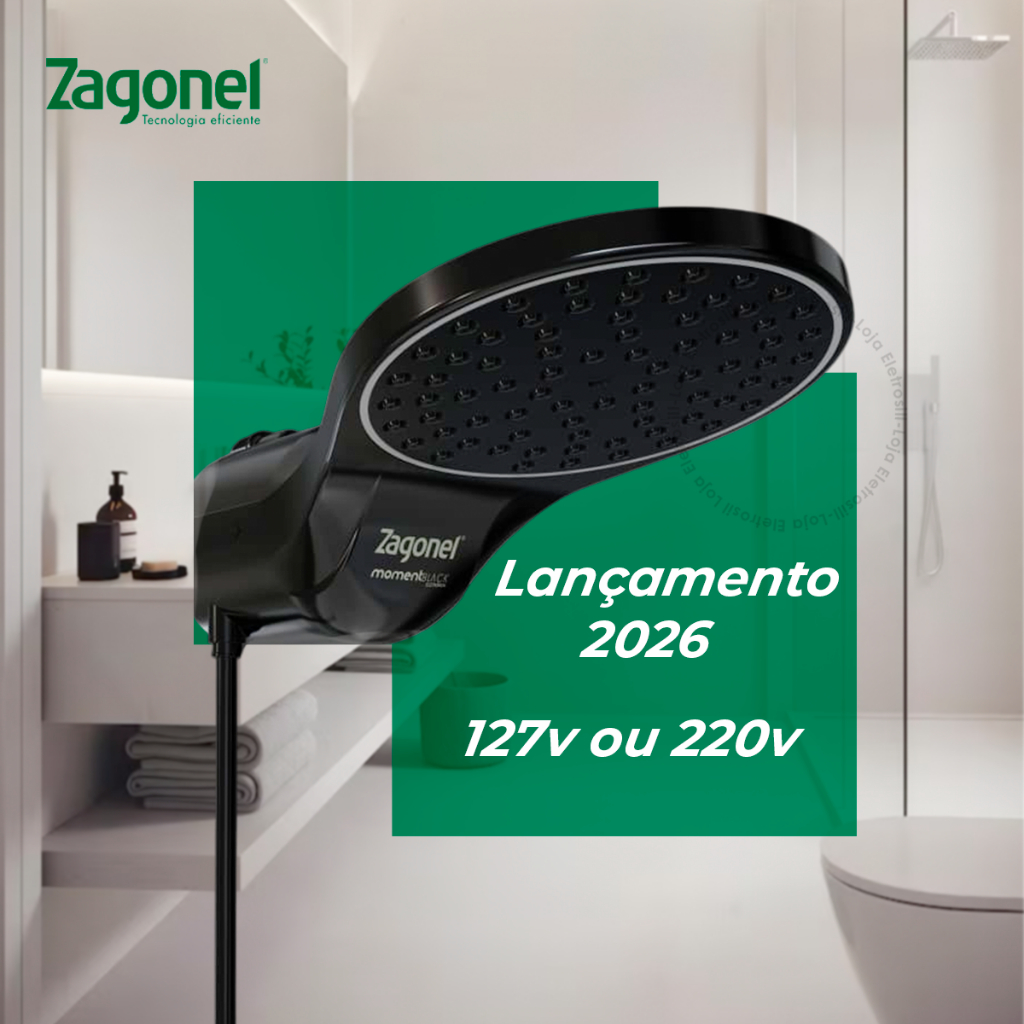 Ducha Chuveiro Eletrônica Moment Black 127V/220V 5500W/7500w Grande Vazão Zagonel