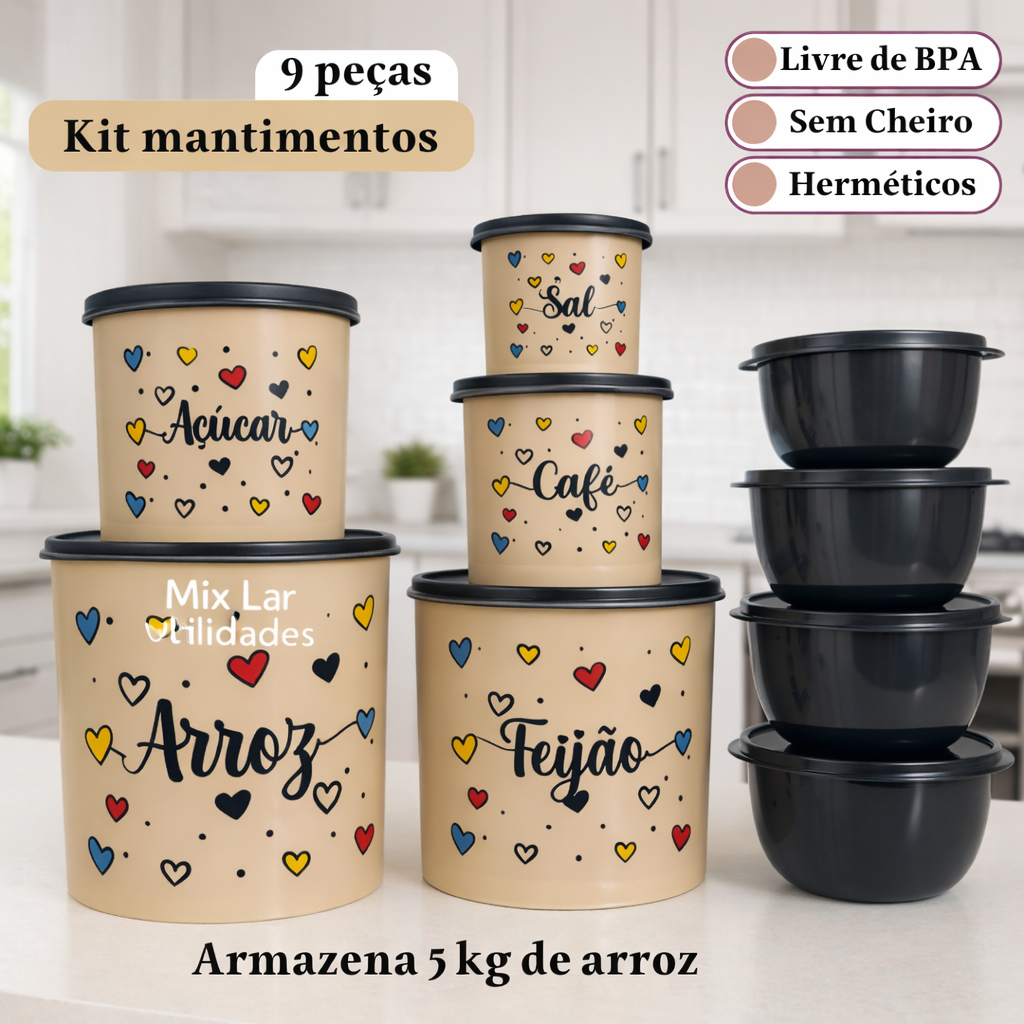 Kit de potes mantimentos para cozinha com 5 peças + 4 potes redondos em Oferta na Shopee