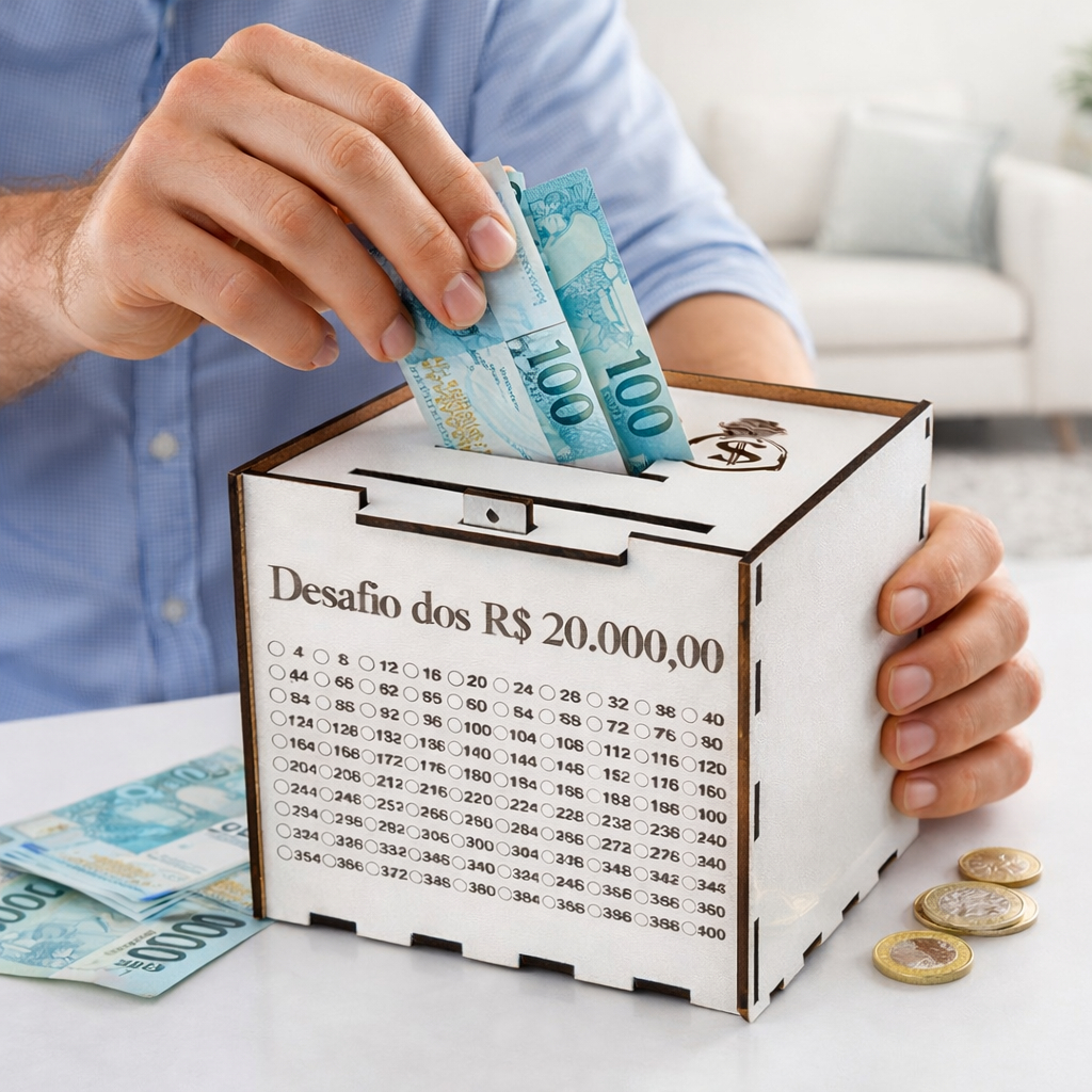Cofrinho Desafio 20 Mil MDF 15x15 Caixa para Juntar Dinheiro Meta de Economia Presente Criativo