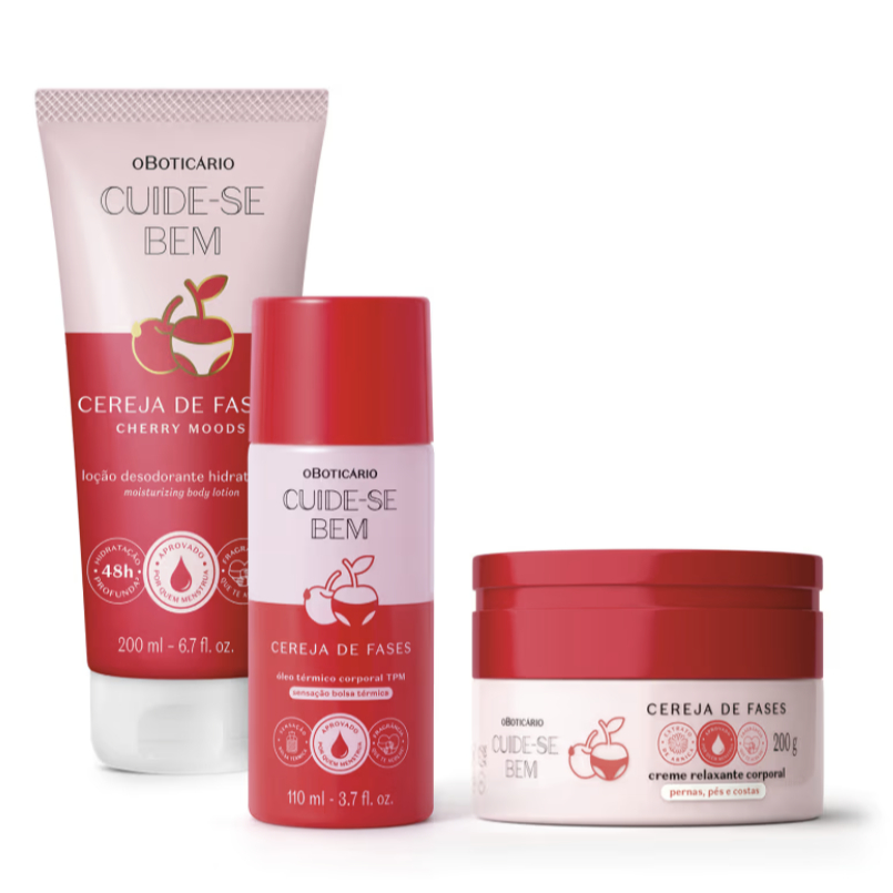 Combo Cuide-se Bem Cereja De Fases: Creme Relaxante Corporal 200g + Óleo Térmico Corporal 110ml + Loção Corporal 200ml