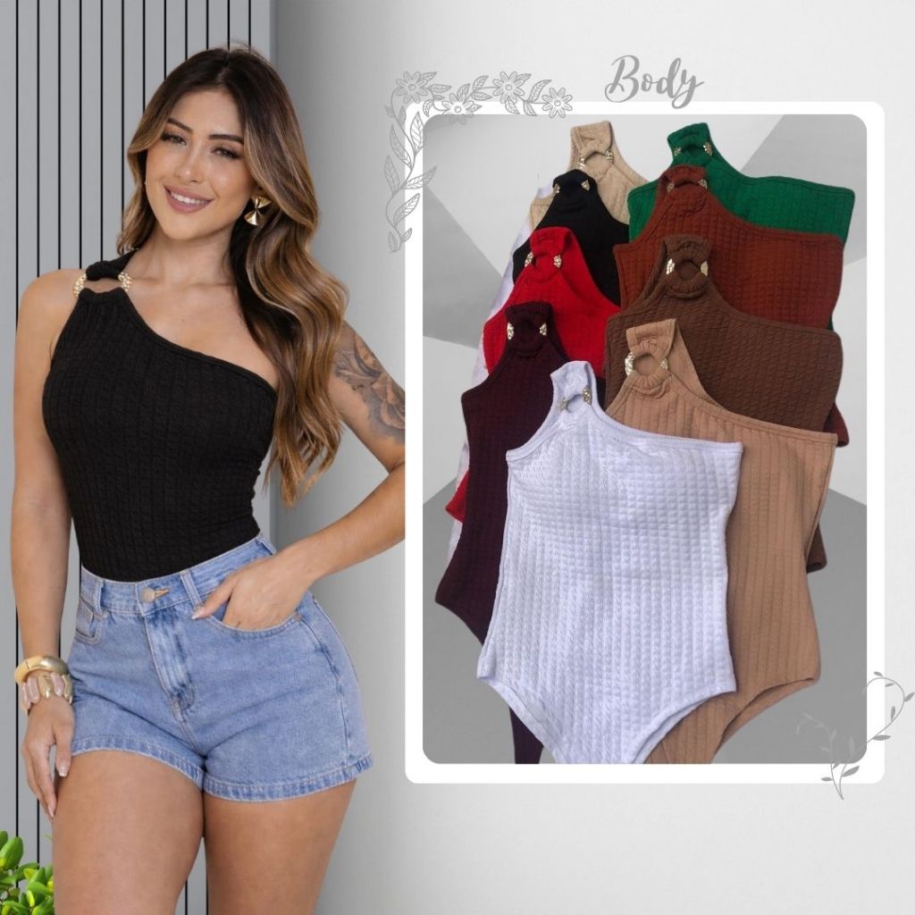 Body Feminino Um Ombro Só Canelado Elegante com Detalhe Dourado Moda Feminina Tendência Blogueira