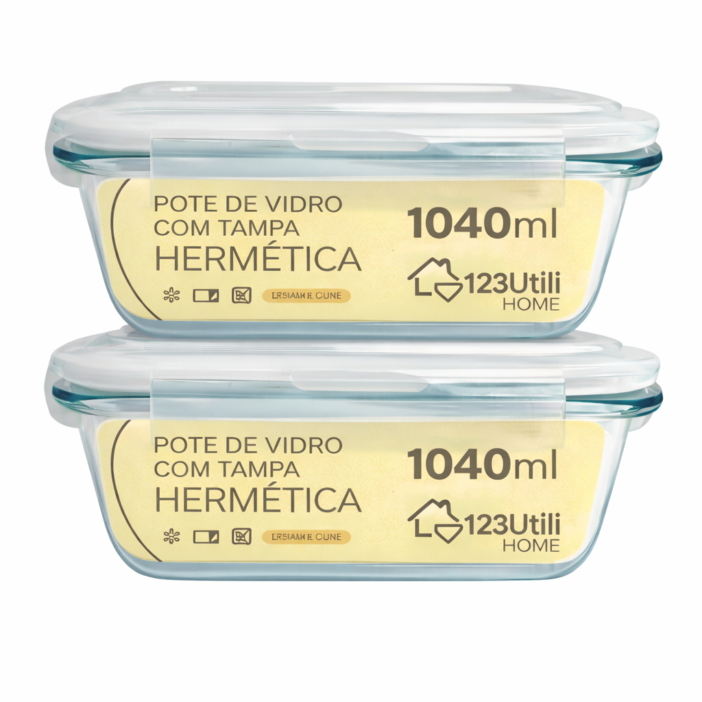 Kit 2 Potes Vidro Hermético 1040ml Tampa Vedação Marmita Refratária Forno Micro-ondas