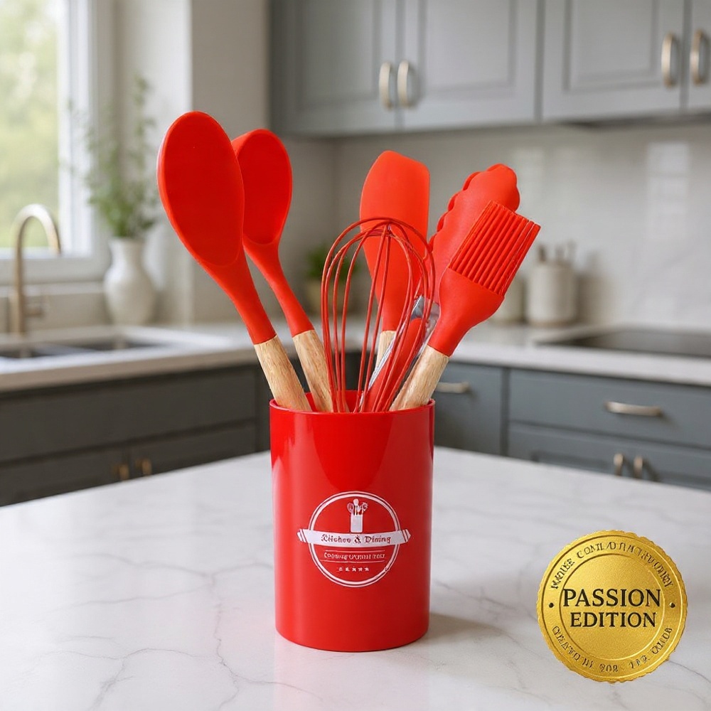 Kit 7 Utensílios Silicone Vermelho Cabo Madeira Resistente Antiaderente Não Risca Panelas