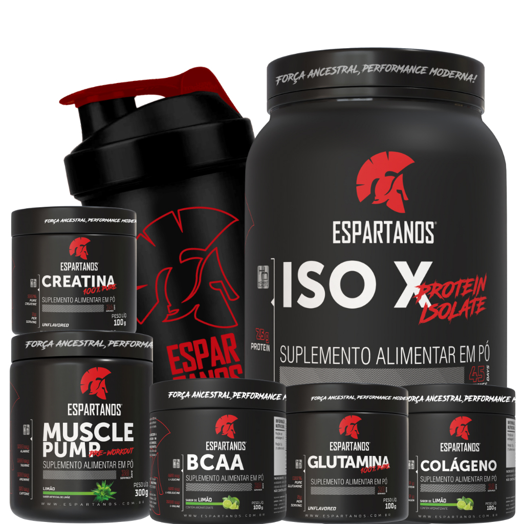 Kit Whey Protein ISO X 1800g + Creatina 100g + BCAA + Glutamina 100g + Colágeno +  Pré Treino + Shaker - Espartanos em Oferta na Shopee