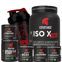 Kit Whey Protein ISO X 1800g + Creatina + BCAA + Glutamina + Colágeno + Pré Treino + Shaker - Espartanos