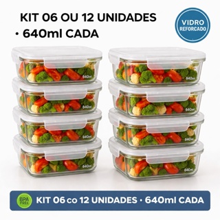 Kit 6 e 12  Pote Hermético Vidro 640ml Com Tampa  4 Travas – Ideal Marmita e Conservação em Oferta na Shopee