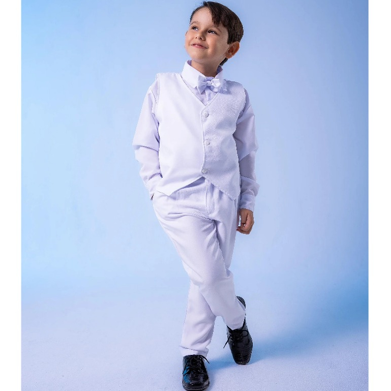 Conjunto Infantil Social Menino Colete Camisa Gravata Calça Branco Festa Batizado Pajem Formatura