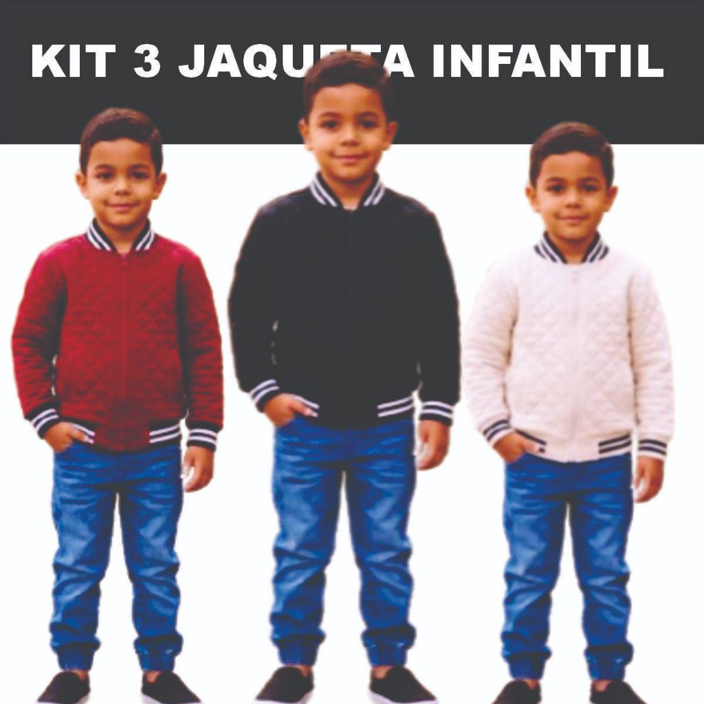 Kit 3 Jaqueta de frio masculina infantil escolar preto Marsala e branco 2 a 16 anos