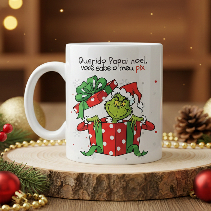 Caneca de Natal Grinch Divertida 325ml – Querido Papai Noel Você Sabe o Meu Pix
