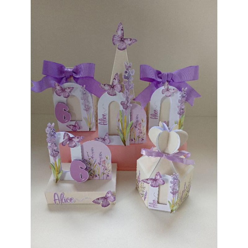 Kit Lembrancinhas Jardim de Lavandas Personalizadas com Nome – Caixinhas Festa Infantil Aplique 3D ( PEGUE MONTE )