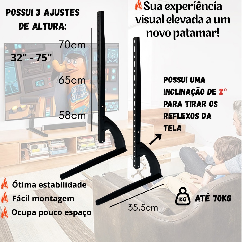 Suporte Pedestal De Mesa Universal Tv 32 A 75 Polegadas Pé De Reposição Reforçado 70kg Vesa Ajustável