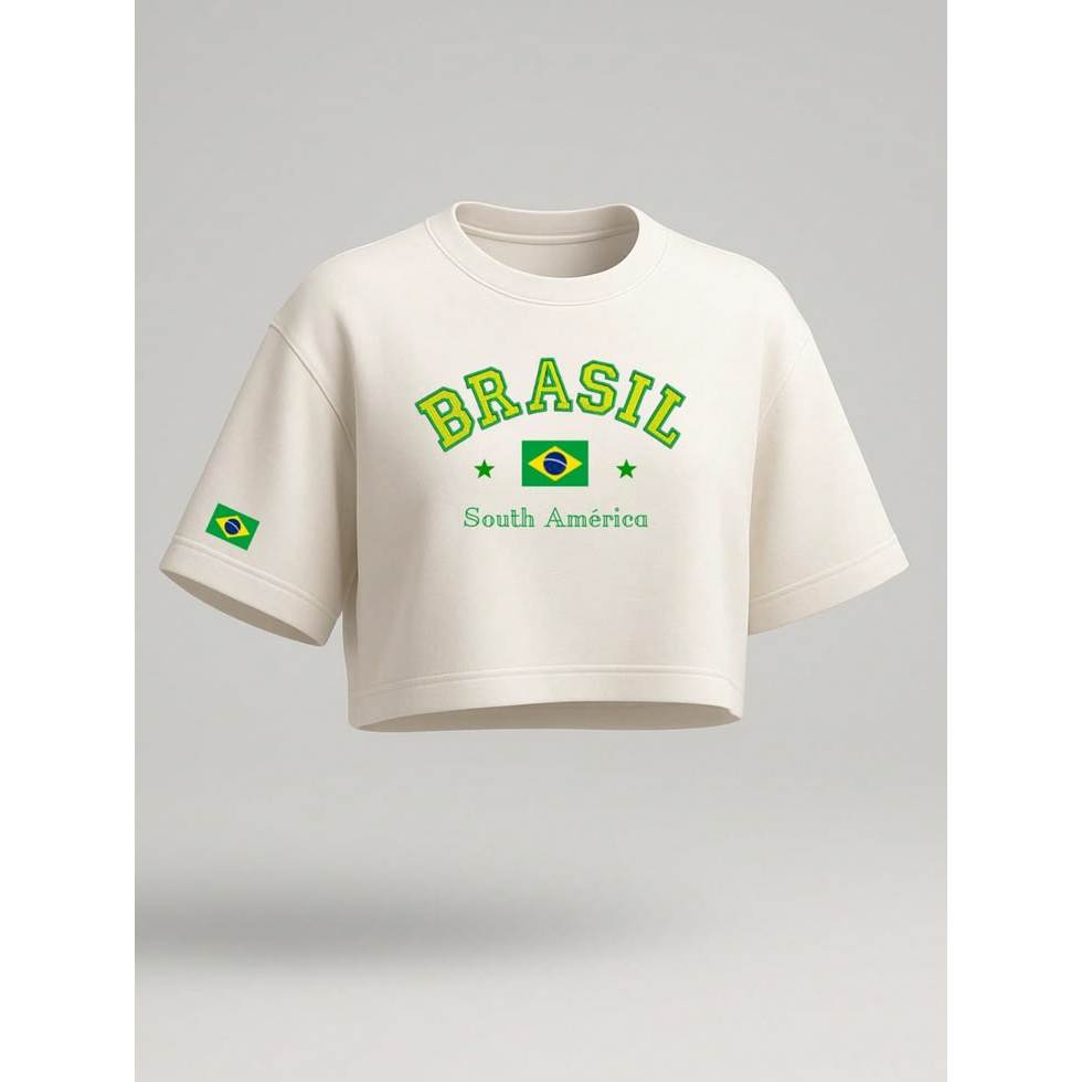 Cropped Brasil Preto Feminino Oversized Camiseta Brazilcore Estampa Premium Blusa Curta Soltinha