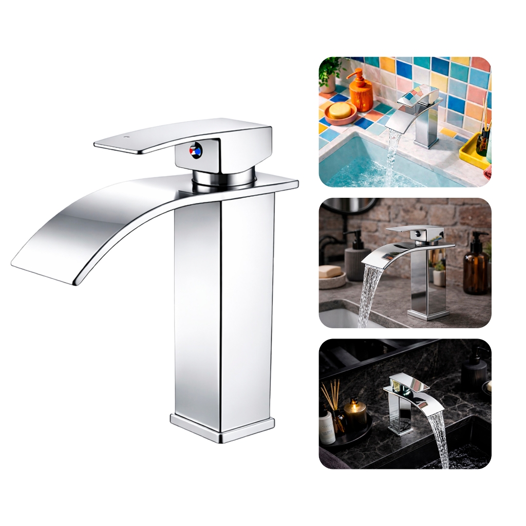 Torneira Misturador Monocomando para Banheiro Lavabo Bica Baixa Luxo Prata Aço I