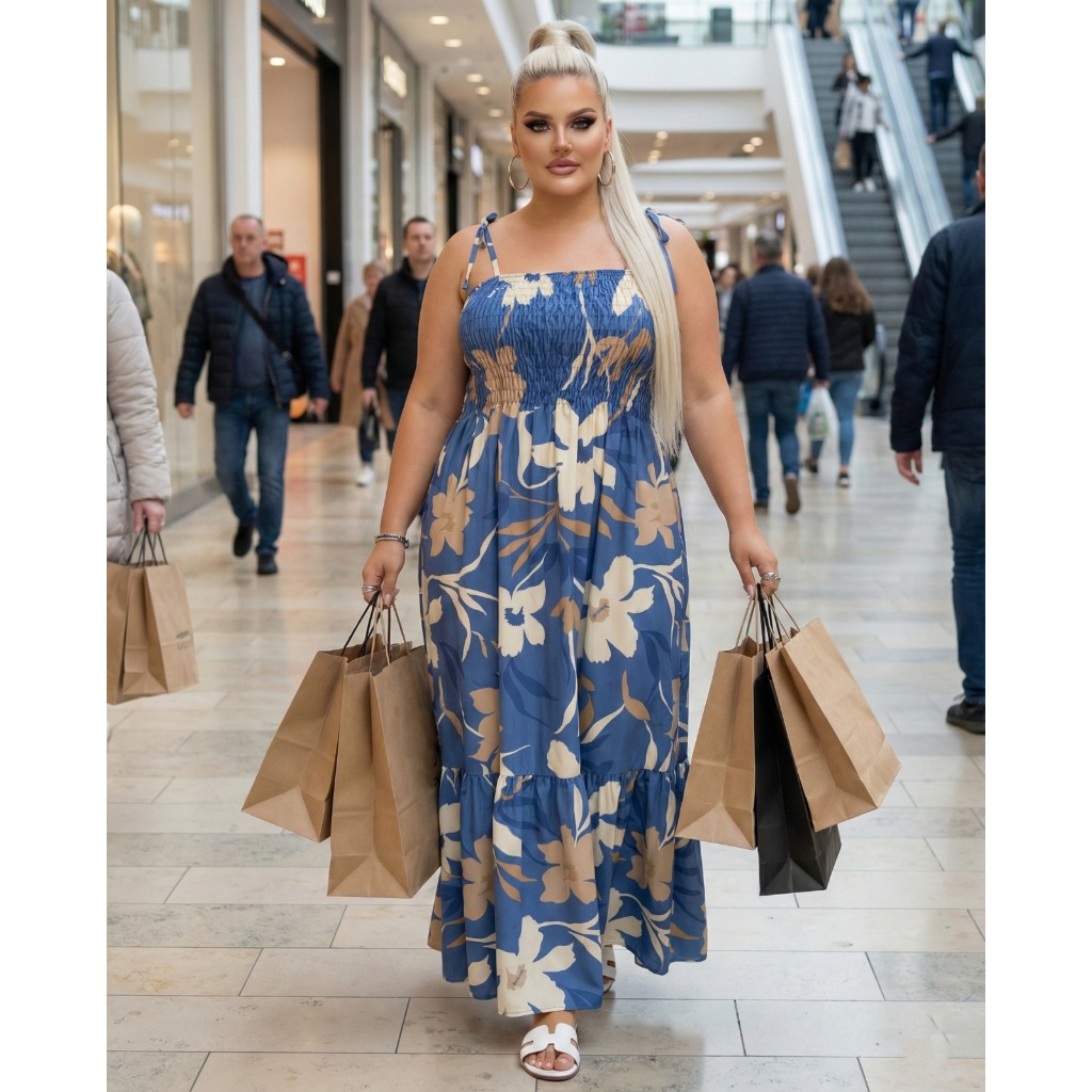 Vestido Longo Plus Size Alça Boho Estampado Soltinho Confortável com Elástico Frente e Costas XG