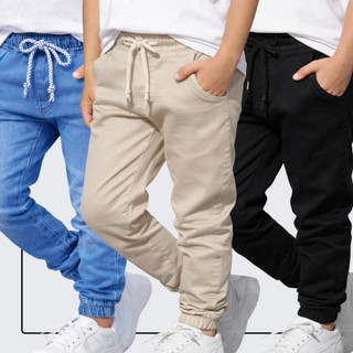 Kit 3 Calça Infantil Jogger Punho Jeans Sarja Menino
