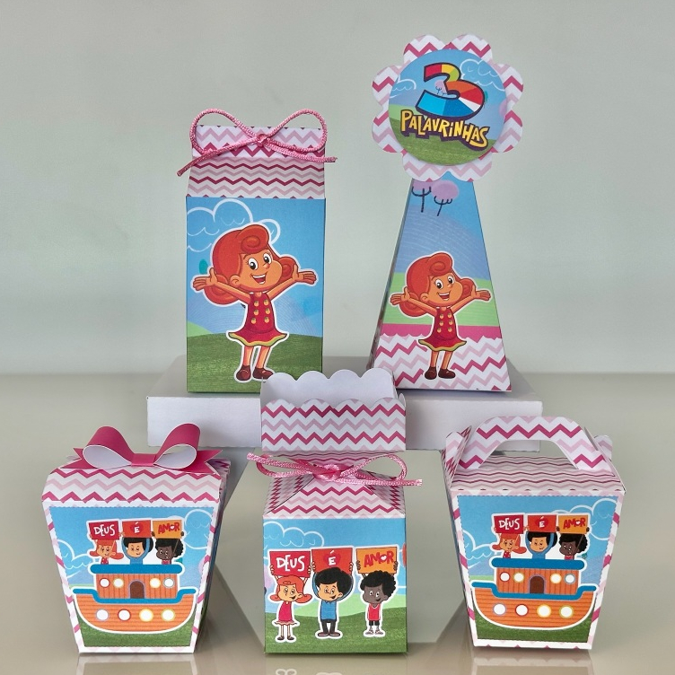 Kit Festa 3 Palavrinhas Menina - Pegue e Monte - Lembrancinhas Personalizadas Caixinhas Personalizadas