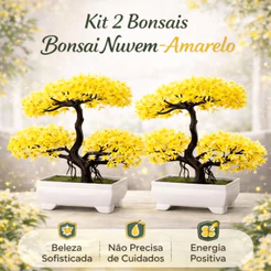 Kit 2 Bonsai Nuvem Artificial Amarelo Vibrante Elegância Oriental Vaso Branco Folhas