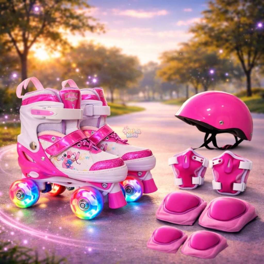 Patins Infantil Quad Stitch Tamanho Ajustável Regulável Rodinhas Com LED + KIT DE PROTEÇÃO COMPLETO