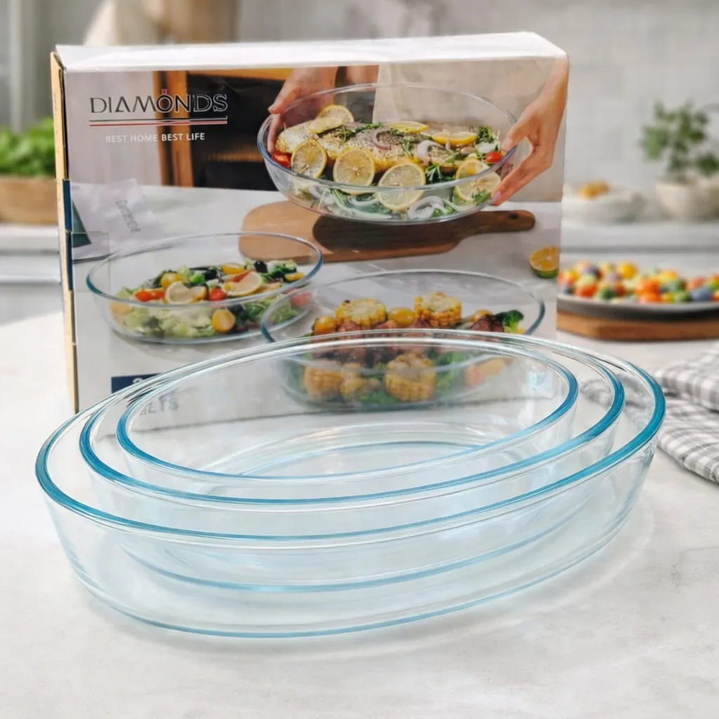 Conjunto Travessas Ovais em Vidro Kit  3 Peças (1,5L 2L 3L) – Vidro Resistente ao Forno, Micro-ondas e Freezer