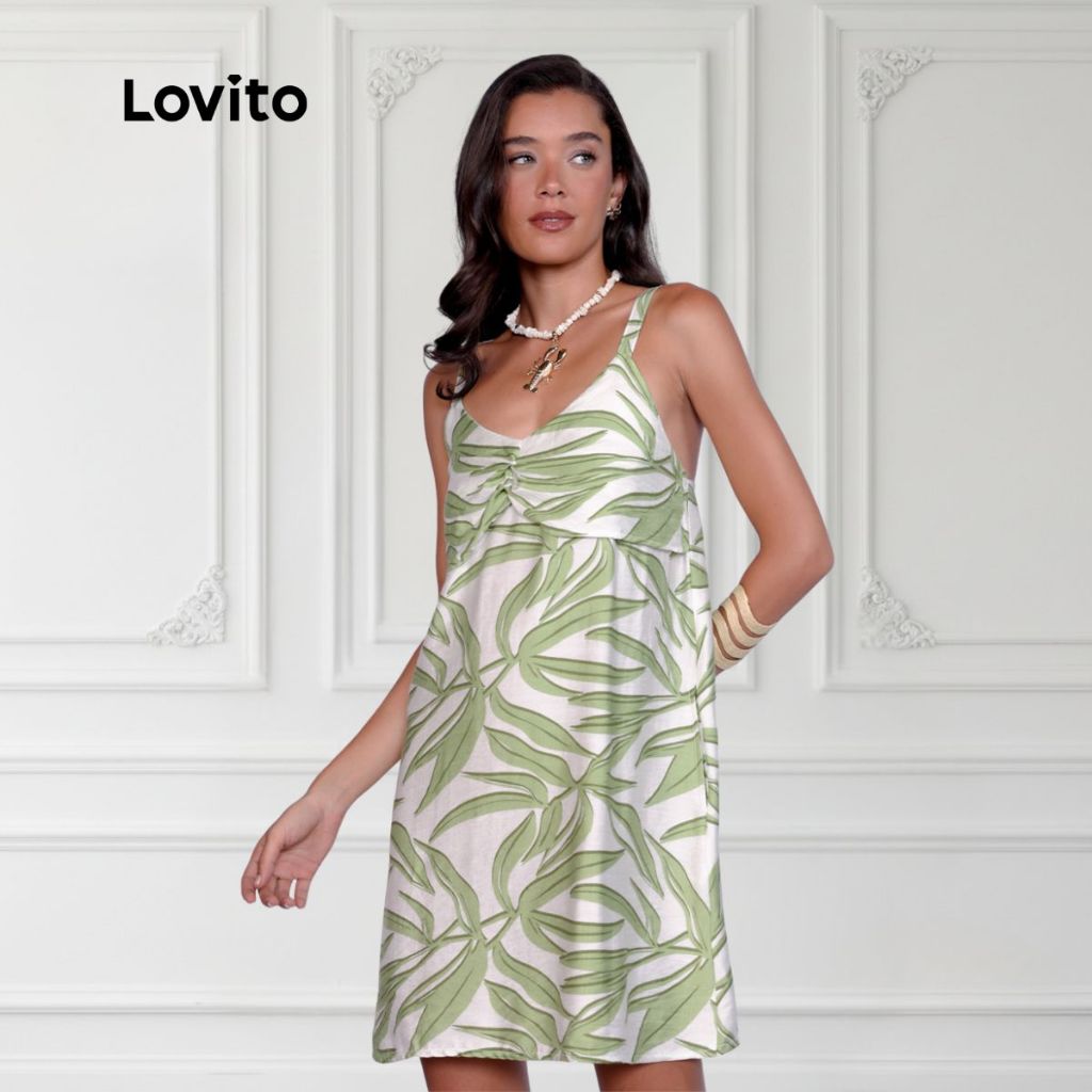Lovito Bossa l Vestido Curto Feminino em Viscose com Estampa de Folhagens DRB15821613 em Oferta na Shopee
