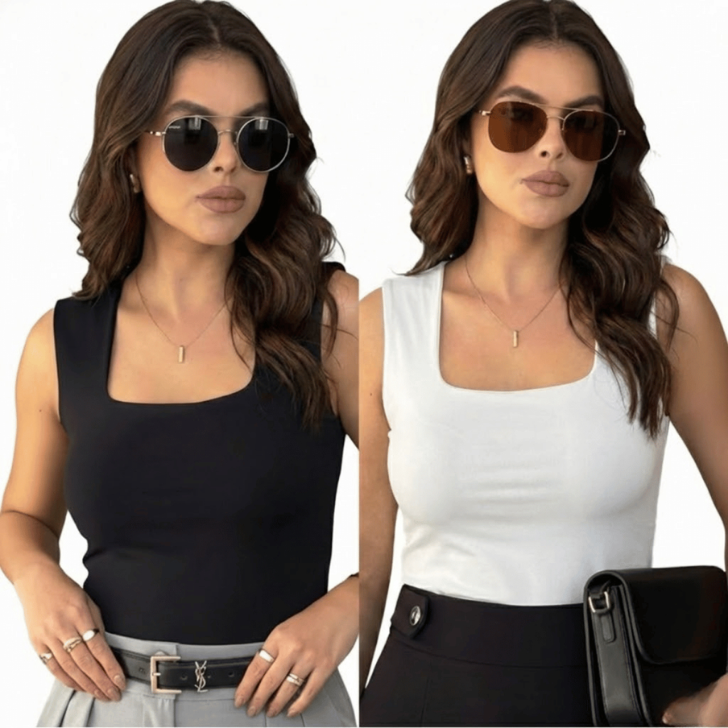 Kit 2 Regata Feminina Decote Quadrado Blusa Suplex Forro Duplo Alça Larga Blusinha Básica Elegante Verão Moda Blogueira