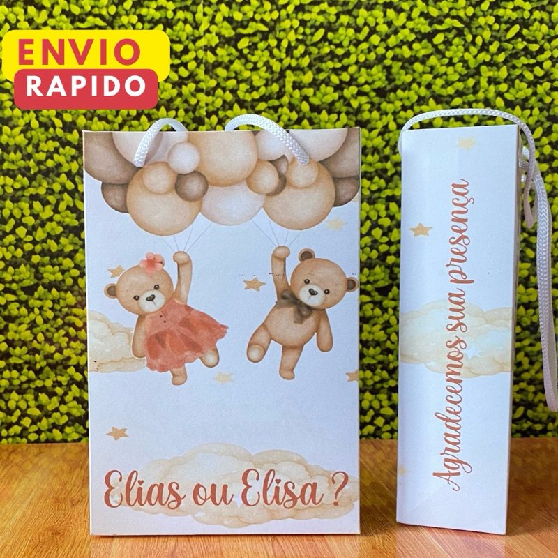 Sacolinha Personalizada  Chá de Bebê Ursinho Marron e Salmão - Chá Revelação PEGUE E MONTE