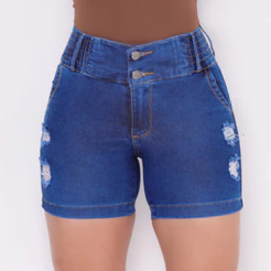 Short Jeans Feminino Meia Coxa Elástico No Cós Cintura Alta Empina Bumbum Com Elastano