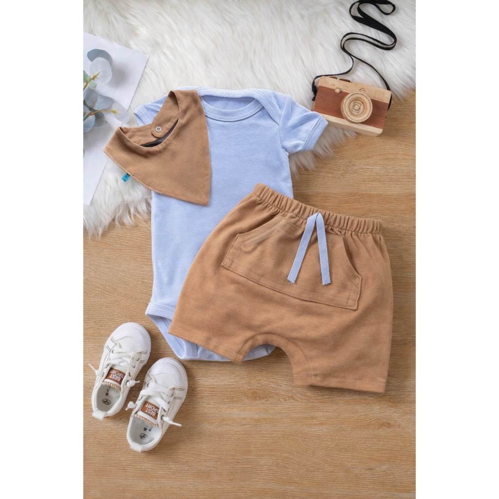 Conjunto Body  Bermuda Babador Bebê Menino Masculino Roupa Conjuntinho Roupinha PMG Masculino Barato