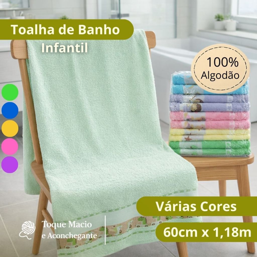 Toalha de Banho Infantil 60cm x 1,18m 100% Algodão Cores Variadas em Oferta na Shopee