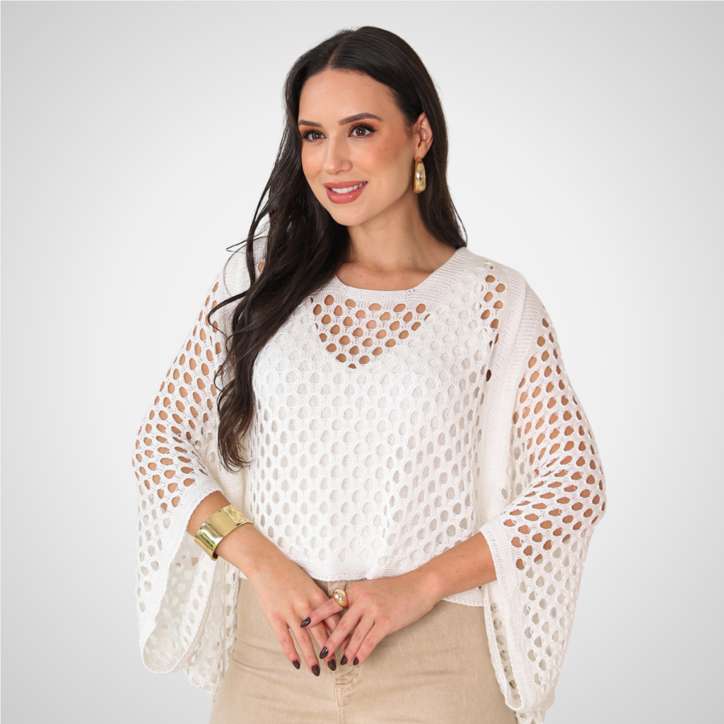 Blusa Capa Kimono Feminino Tricot Tricô Rendado Tendência Leve Praia Verão Confortável Casual Moda