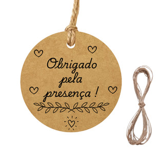 Tag Papel Kraft 4cm com Fio | Obrigado Pela Presença | Kit 50 a 200 Un